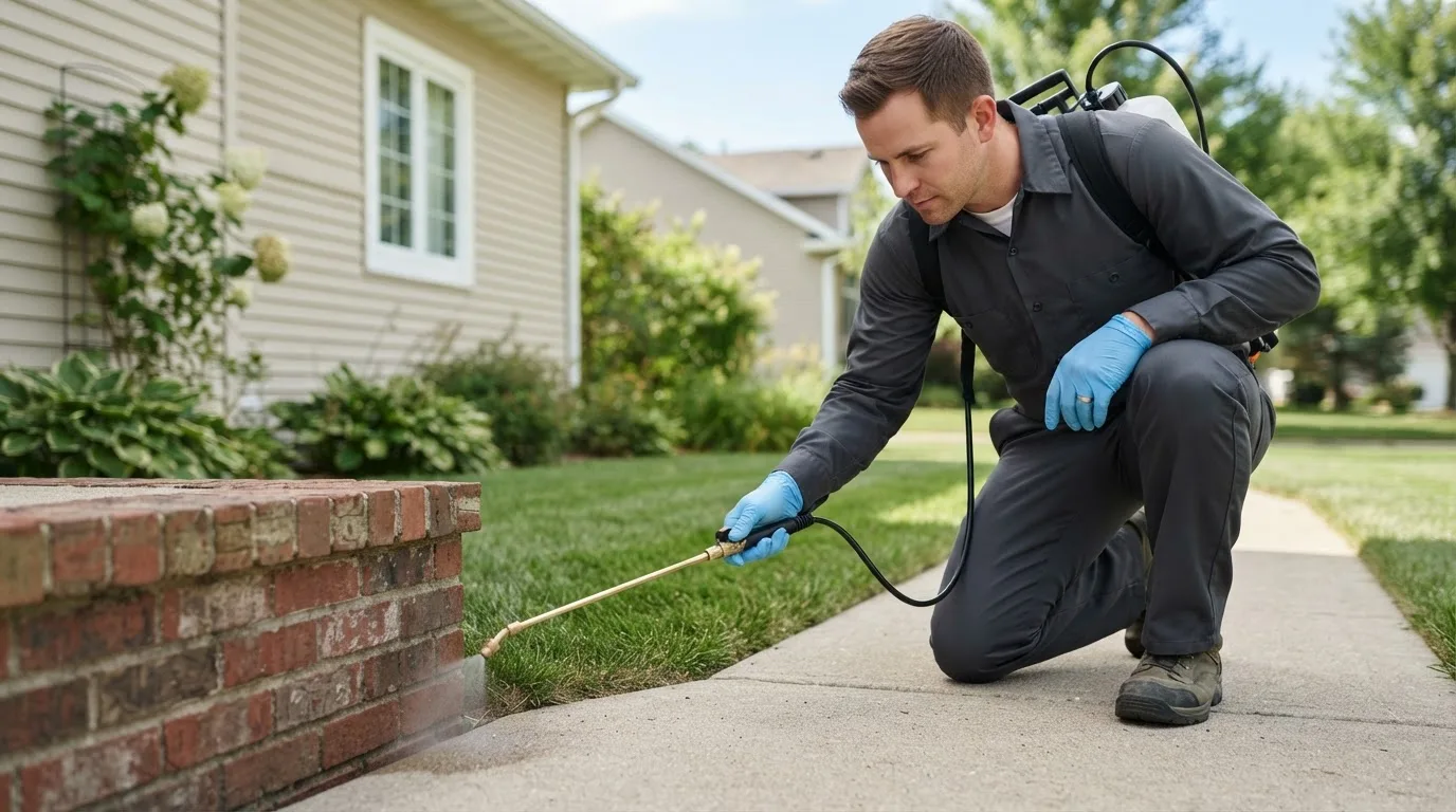 Pest control technician treating a home near Atwater, MN